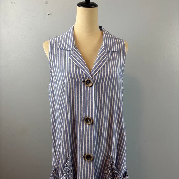 ForCynthia Striped Sleeveless Shirt Button Up Dress Linen Blend Ruched Pocket LG - Picture 4 of 10